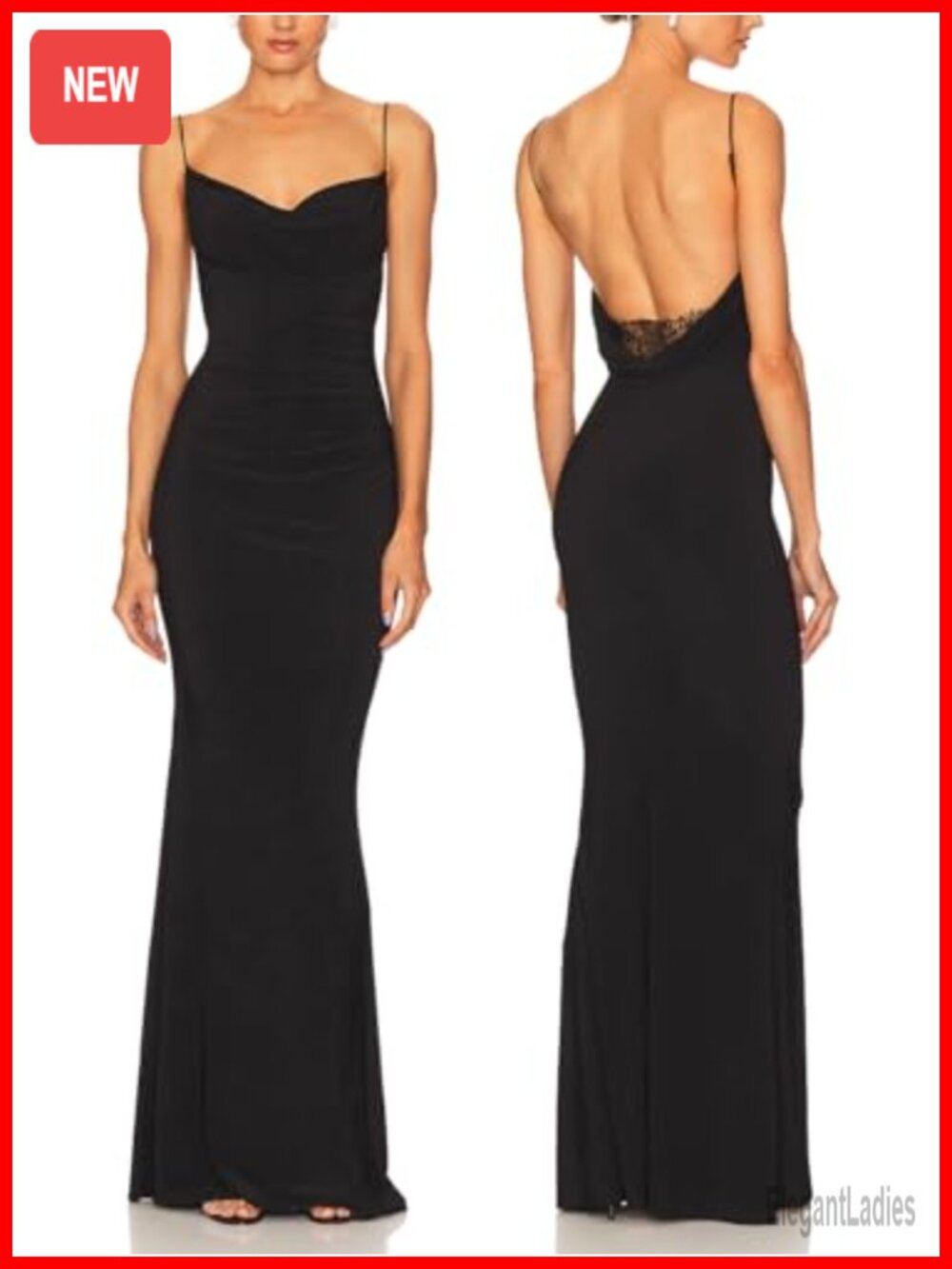 Capuffy Women Drape Neck Lace Backless Maxi Dress Spaghetti Strap Mermaid Gown